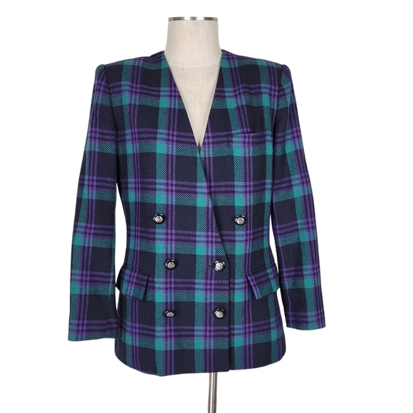 Le Suit Blazer Sz 12 Purple Green Black Plaid Double Breasted Pockets Wool Long - Picture 1 of 10